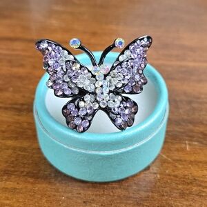 Elegant Purple and Black Silver Tone Butterfly Ring Size 7 Adjustedble